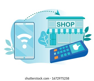 Mobile Smartphone and POS Terminal Connection for Wireless Payment Method at Shop. Fast Contactless Money Transactions for Purchases in Supermarket. Digital Technology. Vector Illustration