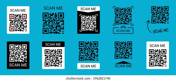 Mobile Smartphone QR Code Application Button With Scan Me Sign - Vector Illustrations Icon Set Isolated On Blue Background