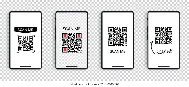 Mobile Smartphone QR Code Application Button With Scan Me Sign - Vector Illustrations Set Isolated On Transparent Background