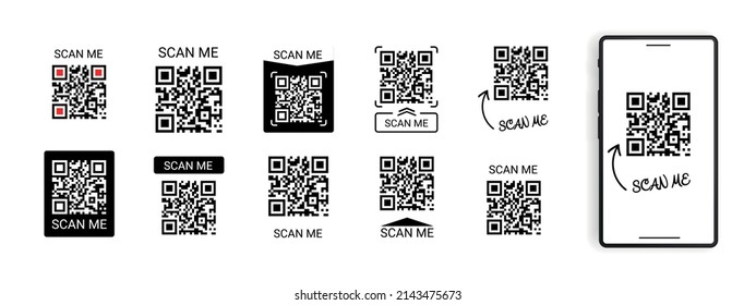 Mobile Smartphone QR Code Application Button With Scan Me Sign - Vector Illustrations Set Isolated On White Background