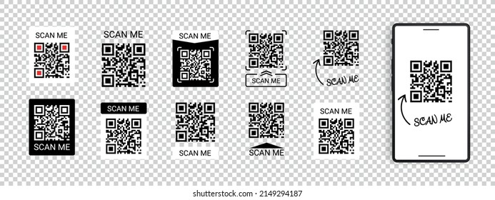 Mobile Smartphone QR Code Application Button With Scan Me Sign - Vector Illustrations Set Isolated On Transparent Background