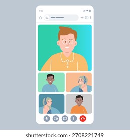 mobiler Smartphone-Bildschirm mit Videokonferenz-Anrufschnittstelle Benutzeravatare im Grid-Layout, die online für Remote-Arbeitstreffen oder virtuelle Webinar-Sitzung sprechen
