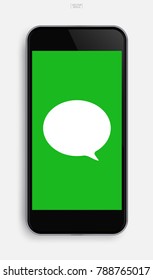 Mobile smartphone with sms chat icon on touch screen display background. Vector illustration.