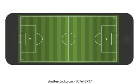 Mobile smartphone with soccer field on screen,online watching football concept isolated vector background