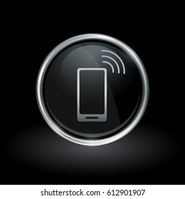 Mobile smartphone symbol with wireless cellphone icon inside round chrome silver and black button emblem on black background. Vector illustration.