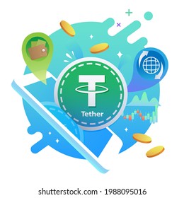 Mobile smartphone with Tether USDT stablecoin, Cryptocurrency technology, Digital currency business concept, Vector illustration