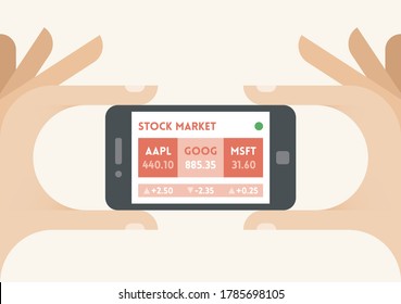 Mobile smartphone with US stock market indices (Apple, Google, Microsoft) ticker in businessman hands. Concepts: trading technologies, analysis, applications, programs, traders, apps, selling, buying