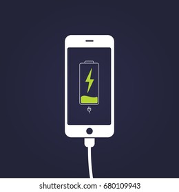 Mobile Smartphones Charging On Black Background. Phone With A Low Battery Charge And With USB Connection.  Flat Style Vector Illustration