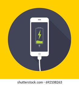 Mobile Smartphones Charging On Black Background. Phone With A Low Battery Charge And With USB Connection. Icon Vector With Long Shadow. Flat Design Style.