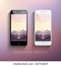 Mobile smartphones template set with mountains landscape background. Elegant, realistic. Technology, communication. Vector illustration