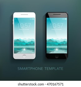 Mobile smartphones template set with mountains landscape background. Elegant, realistic. Technology, communication. Vector illustration