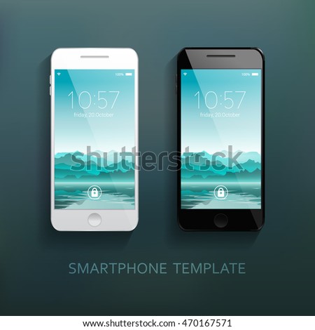 Mobile smartphones template set with mountains landscape background. Elegant, realistic. Technology, communication. Vector illustration