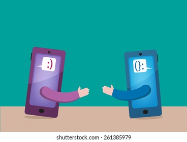 Mobile with Smiling Emoticons Meet Up and Shake Hands. Virtual Eyeball to Eyeball Meeting via Technological gadgets and services. Editable EPS10 Vector Illustration and jpg. 