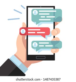 Mobile sms notifications. Hand with smartphone with online texting messages. Dialogue interfaces, chatting application vector conversation person phone symbols digital concept