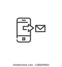 Mobile sms send line icon. linear style sign for mobile concept and web design. Smartphone with outgoing message outline vector icon. Symbol, logo illustration. Pixel perfect vector graphics