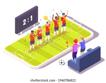 Mobile soccer, flat vector isometric illustration. Football fans watching match and supporting favorite team online. Football field, winner team with trophy celebrating victory on smartphone screen.