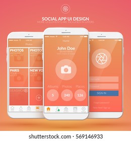Mobile social application design concept with different web elements and icons on light background isolated vector illustration