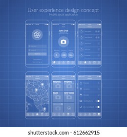 Mobile social application user experience design concept in blue color flat isolated vector illustration