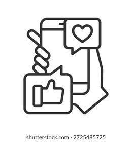 Interação social móvel, ícone em design de linha. smartphone, como, coração, mensagem, comunicação, social, feedback sobre vetor de fundo branco. Ícone de traçado editável de interação