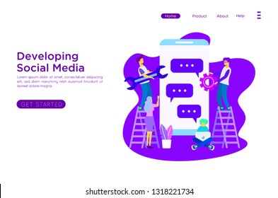 Mobile social media apps development programmers SEO optimization web pages vector. Online tools and instrument programming and design changing smartphone screen, flat style