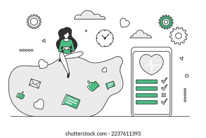 Mobile social media apps. Monitoring phone application, mobile internet features vector monocolor illustration