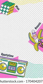 Mobile social media banner template in pop art cartoon style with various colorful items of 80s and 90s fashion, vector illustration isolated on transparent background.