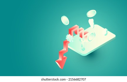 Mobile Social media Bitcoin monitoring falling graph concept in isometric background vector design.