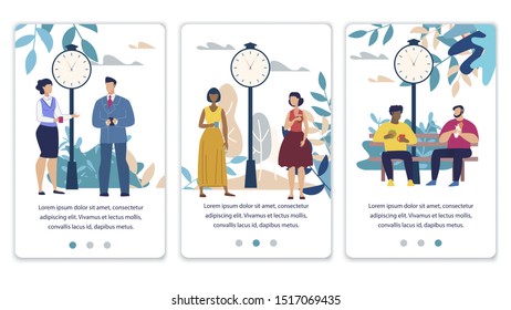 Mobile Social Media Pages Set with Resting Office People Together. Friends Meeting, Partners Informal Communication. Coffee Break or Lunch Time at Work. Vector Cartoon Flat Illustration