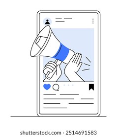 A mobile social media post displaying a hand holding a megaphone, indicating promotion or announcement. Visible elements include a profile icon, engagement heart, comment bubble, and bookmark icons. I