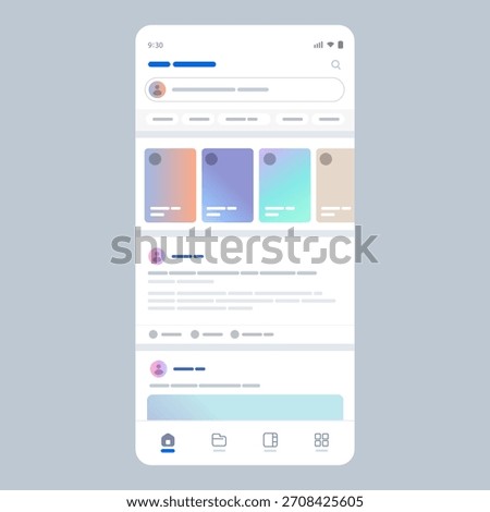 Mobile social media profile interface showing user avatar bio text story highlights post grid layout for networking application vector illustration of mobile apps design template