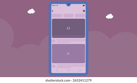 Design de Interface do Usuário do Aplicativo de Vídeo de Mídia Social Móvel. Interface de Aplicativo de Player de Vídeo Mínimo no Smartphone. Layout de feed de vídeo social para aplicativo móvel.