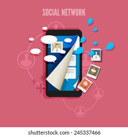 Mobile social network concept. Vector illustration of mobile phone with a lot of attributes of different social networks. 