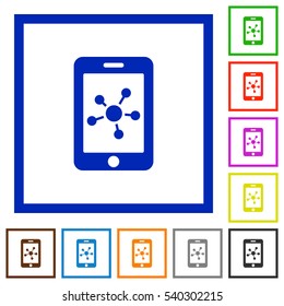 Mobile social network flat color icons in square frames on white background