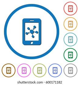 Mobile social network flat color vector icons with shadows in round outlines on white background