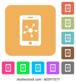Mobile social network flat icons on rounded square vivid color backgrounds.