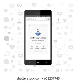 A mobile social networking application in a smartphone. The user's personal profile is open in the Internet browser.