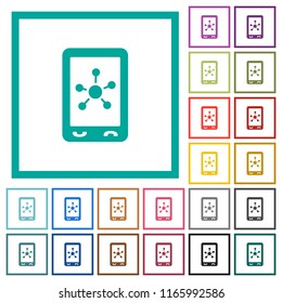Mobile social networking flat color icons with quadrant frames on white background