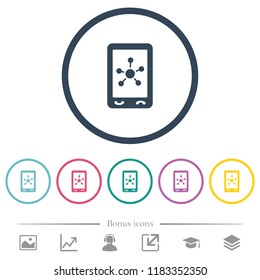 Mobile social networking flat color icons in round outlines. 6 bonus icons included.