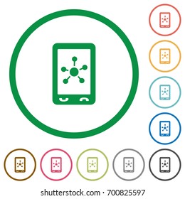 Mobile social networking flat color icons in round outlines on white background