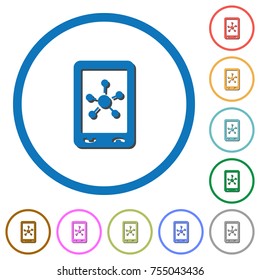 Mobile social networking flat color vector icons with shadows in round outlines on white background