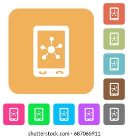 Mobile social networking flat icons on rounded square vivid color backgrounds.