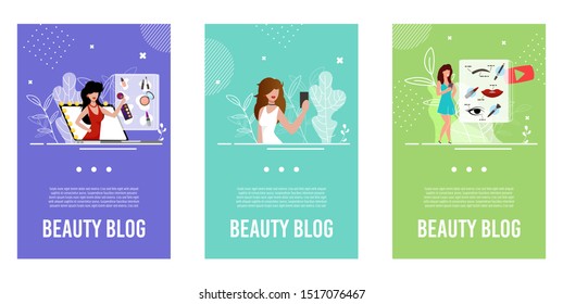 Mobile Social Webpages Set for Beauty Bloggers. Cartoon Attractive Woman Characters Consulting Users Showing Trend Makeup Lessons, Fashion Video Content. Vector Flat Media Network Illustration