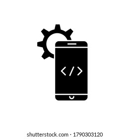 Icono de glifo negro de desarrollo de software móvil. Aplicación de programación para gadget portátil. Codificación para smartphone. Trabajo de desarrollador. Símbolo de silueta en el espacio blanco. Ilustración aislada del vector