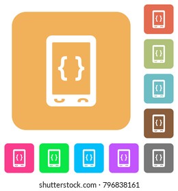 Mobile software development flat icons on rounded square vivid color backgrounds.