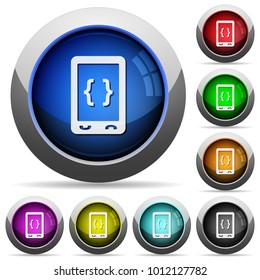 Mobile software development icons in round glossy buttons with steel frames