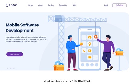 Mobile software development landing page website illustration flat vector template
