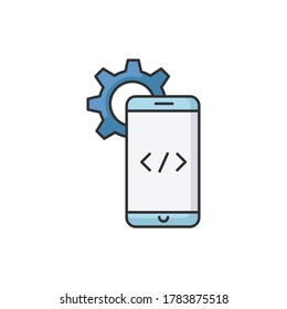 Mobile software development RGB color icon. Programming application for portable gadget. Coding for smartphone. Developer work. Digital technology programmer. Isolated vector illustration