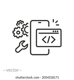 Mobile Software Icon, Phone System Development, React User, Configure Application, Thin Line Symbol On White Background - Editable Stroke Vector Illustration Eps10