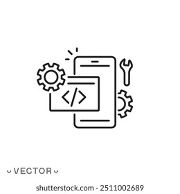 mobile software icon, phone system development, react user, configure application, thin line symbol isolated on white background, editable stroke eps 10 vector illustration