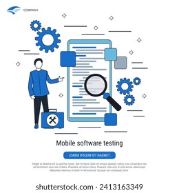 Mobile software testing, bug search flat design style vector concept illustration